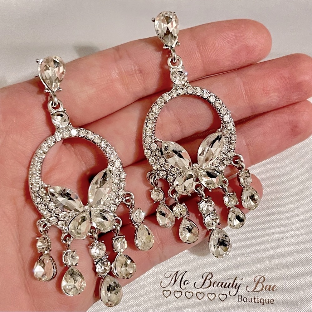 Silver Butterfly Crystal Earrings - Picture 4 of 6